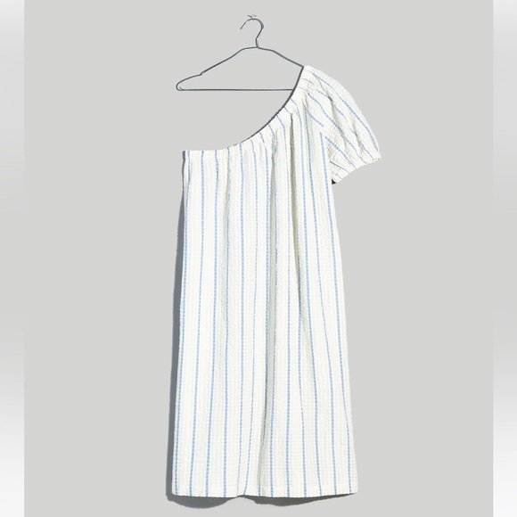 NWT! Madewell Seersucker One-Shoulder Puff-Sleeve Midi Dress - Hermitage Blue - Picture 1 of 10